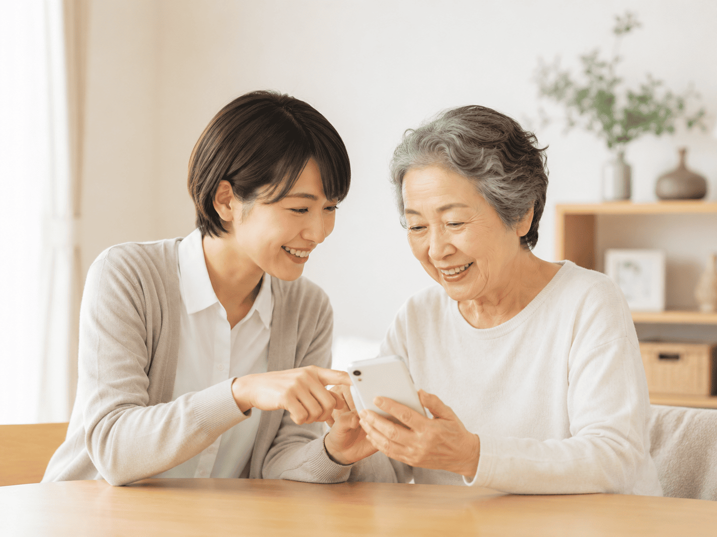 スマホ画面を一緒に確認している様子