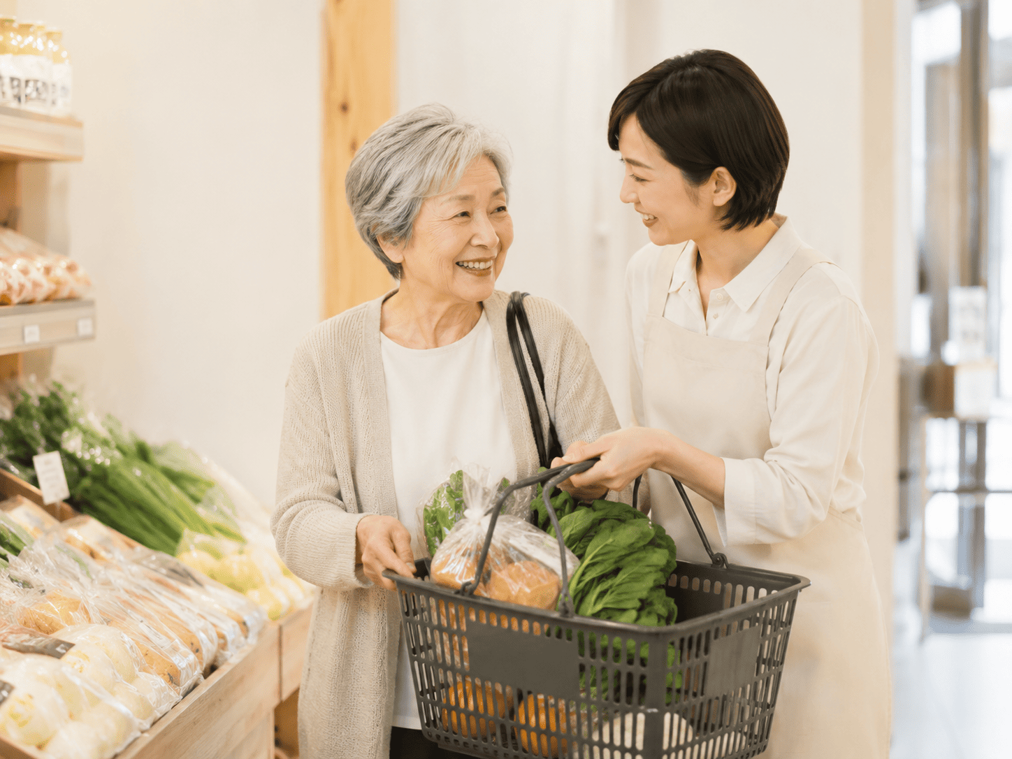 買い物袋を一緒に持っている様子